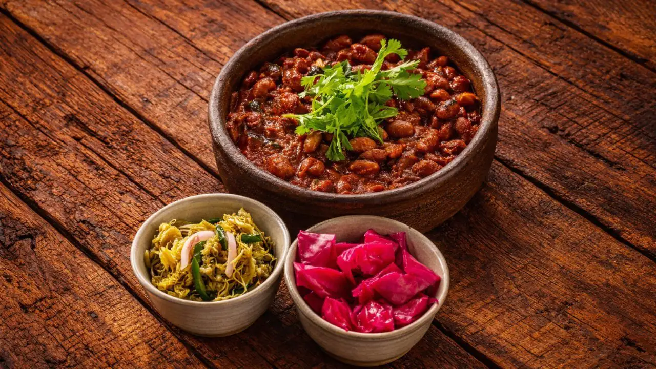 Lobio "Kharkalia" with Jonjoli and Pickled Red Cabbage